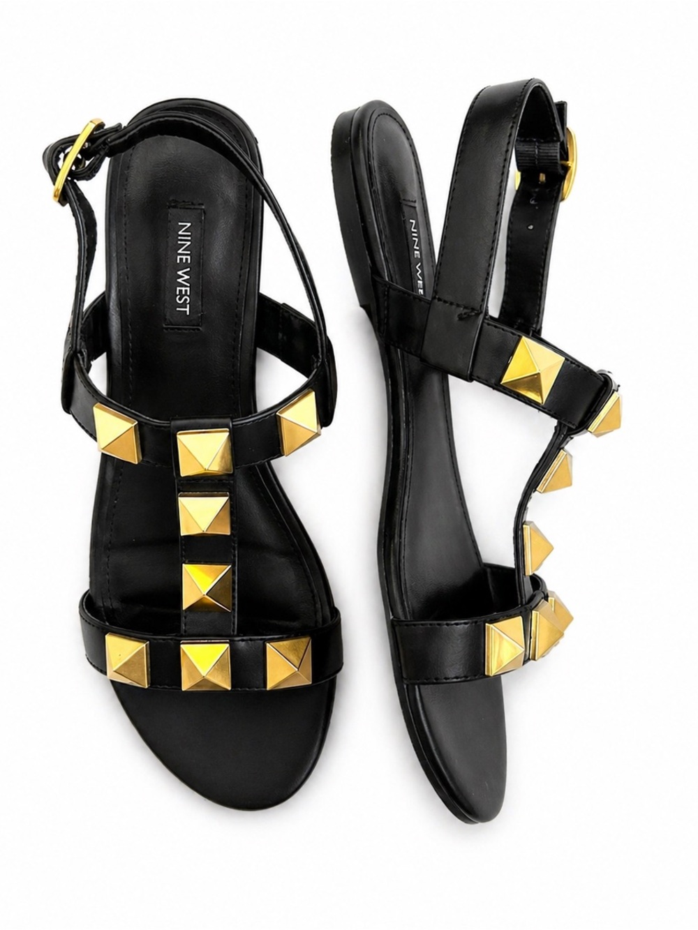 Nine West Black Leather Sandals with Gold Pyramid Accents